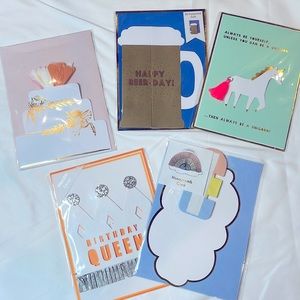 Five Meri Meri greeting cards- 2 birthday, 1 wedding, 1 baby shower & 1 blank